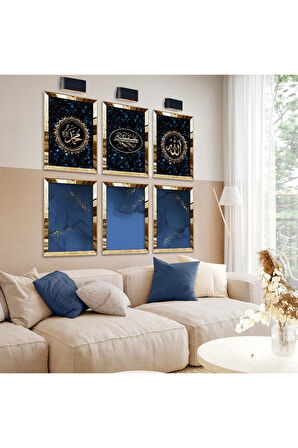 Gümüş Aynalı Pleksi Çerçeveli Mavi Besmele Dini Model Altılı Mdf Tablo Seti