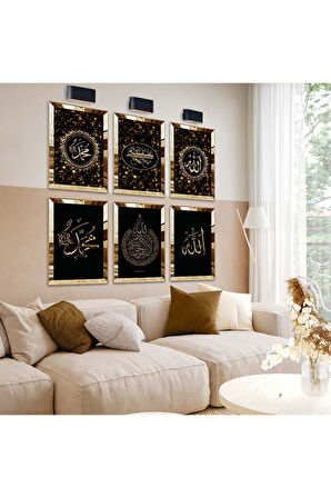 Gold Aynalı Pleksi Çerçeveli Besmele Ve Allah Lafzı Dini Model Altılı Mdf Tablo Seti