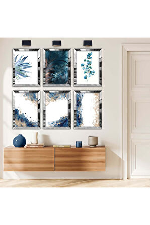 Gold Aynalı Pleksi Çerçeveli Mavi Çiçekler Altılı Mdf Tablo Seti