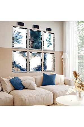 Gold Aynalı Pleksi Çerçeveli Mavi Çiçekler Altılı Mdf Tablo Seti