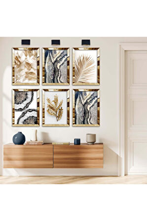 Gümüş Aynalı Pleksi Çerçeveli Gold Dallar Altılı Mdf Tablo Seti