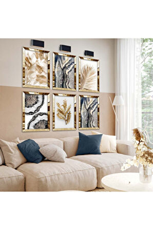 Gümüş Aynalı Pleksi Çerçeveli Gold Dallar Altılı Mdf Tablo Seti