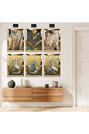 Gümüş Aynalı Pleksi Çerçeveli Doğa Manzaralı Ve Kuş Figürlü Altılı Mdf Tablo Seti