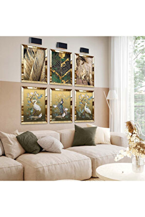 Gümüş Aynalı Pleksi Çerçeveli Doğa Manzaralı Ve Kuş Figürlü Altılı Mdf Tablo Seti