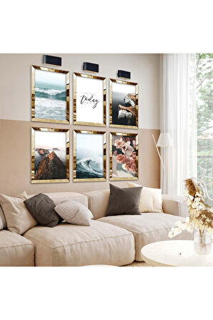 Gold Aynalı Pleksi Çerçeveli Dağ Deniz Manzara Tema Altılı Mdf Tablo Seti