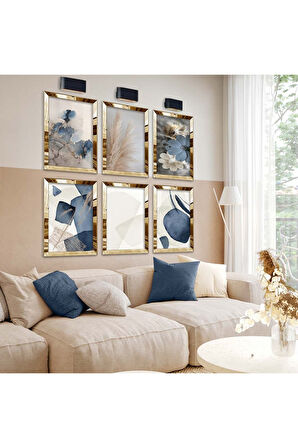 Gold Aynalı Pleksi Çerçeveli Modern Çizim Ve Geometrik Desen Altılı Mdf Tablo Seti