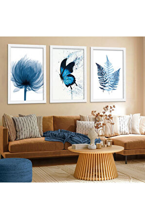 Beyaz Ahşap Çerçeveli Mavi Kelebek Tablo