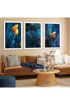 Beyaz Ahşap Çerçeveli Mavi Bitki Ve Çiçek Tablo