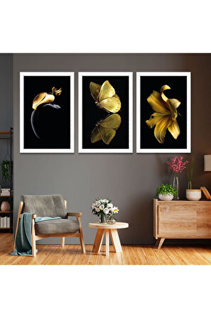 Siyah Ahşap Çerçeveli Altın Kelebek Ve Çiçek Tablo