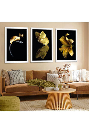 Siyah Ahşap Çerçeveli Altın Kelebek Ve Çiçek Tablo