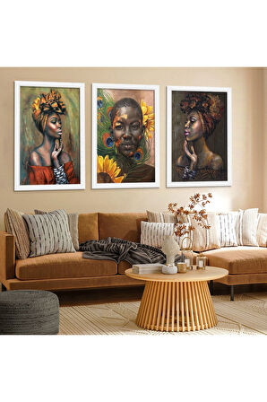 Beyaz Ahşap Çerçeveli Afrikalı Kızlar Tablo