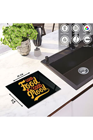 Cam Kesme Tahtası Renkli "Good Food Good Mood" Yazılı