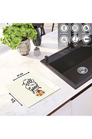 Cam Kesme Tahtası Krem Arka Planlı Pankek Çizimli Yazılı