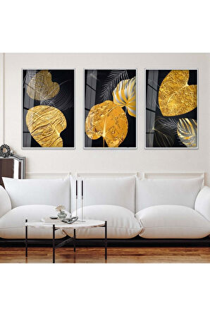 Gold Metal Çerçeveli Soyut Desen Üçlü Kırılmaz Cam Tablo Seti
