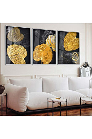 Gold Metal Çerçeveli Soyut Desen Üçlü Kırılmaz Cam Tablo Seti