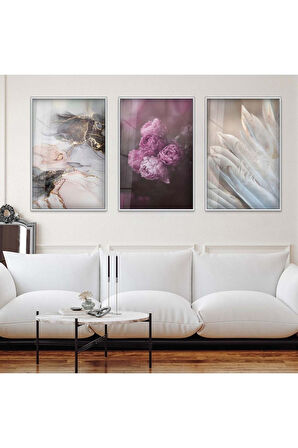Siyah Metal Çerçeveli Mor Gül Üçlü Kırılmaz Cam Tablo Seti