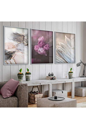 Siyah Metal Çerçeveli Mor Gül Üçlü Kırılmaz Cam Tablo Seti