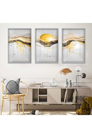 Gold Metal Çerçeveli Kolaj Çizim Üçlü Kırılmaz Cam Tablo Seti