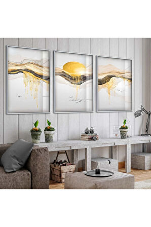 Gold Metal Çerçeveli Kolaj Çizim Üçlü Kırılmaz Cam Tablo Seti