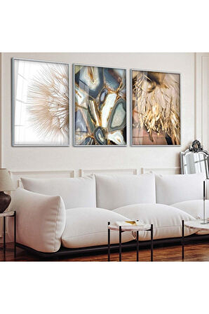 Siyah Metal Çerçeveli Soyut Desen Üçlü Kırılmaz Cam Tablo Seti