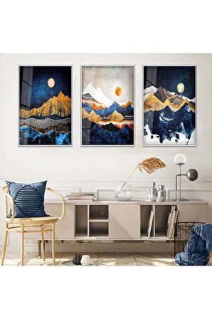 Gold Metal Çerçeveli Kolaj Çizim Üçlü Kırılmaz Cam Tablo Seti