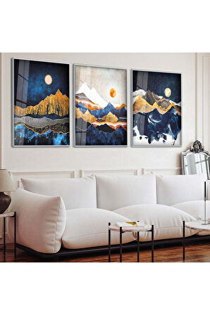 Gold Metal Çerçeveli Kolaj Çizim Üçlü Kırılmaz Cam Tablo Seti