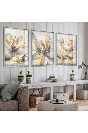 Gümüş Metal Çerçeveli Kolaj Çizim Çiçek Üçlü Kırılmaz Cam Tablo Seti