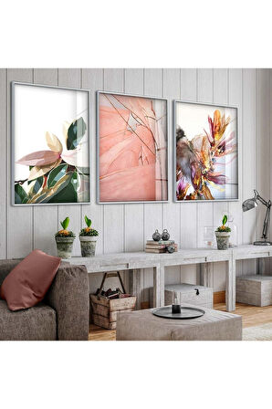 Gümüş Metal Çerçeveli Kolaj Çizim Üçlü Kırılmaz Cam Tablo Seti