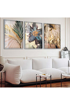 Gümüş Metal Çerçeveli Çiçek Üçlü Kırılmaz Cam Tablo Seti