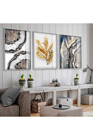 Gümüş Metal Çerçeveli Kolaj Çizim Üçlü Kırılmaz Cam Tablo Seti