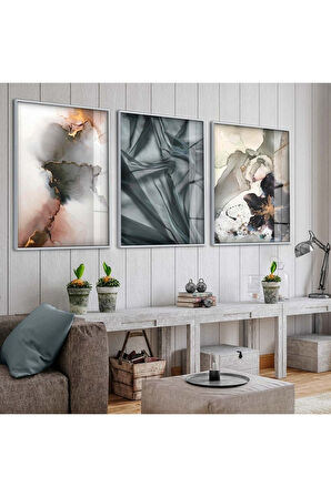 Gold Metal Çerçeveli Kolaj Çizim Üçlü Kırılmaz Cam Tablo Seti