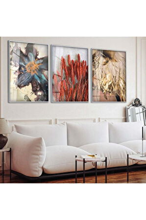 Gümüş Metal Çerçeveli Kolaj Çizim Çiçek Üçlü Kırılmaz Cam Tablo Seti