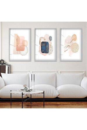 Gold Metal Çerçeveli Soyut Desen Taş Üçlü Kırılmaz Cam Tablo Seti