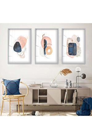 Gold Metal Çerçeveli Soyut Desen Taş Üçlü Kırılmaz Cam Tablo Seti