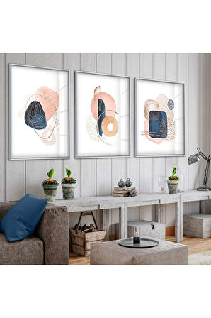 Gold Metal Çerçeveli Soyut Desen Taş Üçlü Kırılmaz Cam Tablo Seti