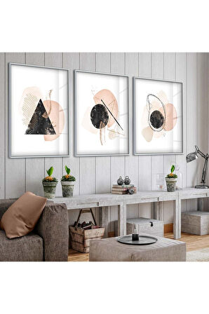 Gümüş Metal Çerçeveli Soyut Desen Şekiller Üçlü Kırılmaz Cam Tablo Seti