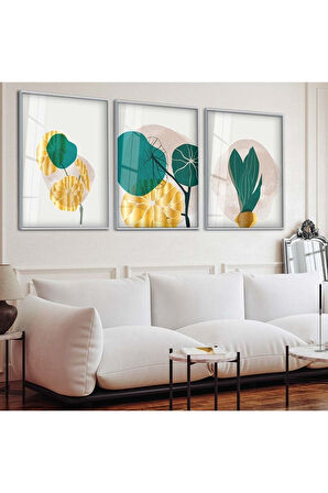 Siyah Metal Çerçeveli Soyut Desen Bitki Üçlü Kırılmaz Cam Tablo Seti