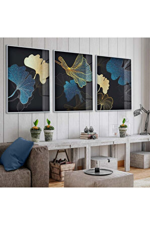 Gümüş Metal Çerçeveli Soyut Desen Çiçek Üçlü Kırılmaz Cam Tablo Seti