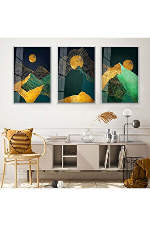 Gold Metal Çerçeveli Soyut Desen Dağ Üçlü Kırılmaz Cam Tablo Seti