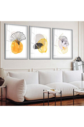 Siyah Metal Çerçeveli Kolaj Çizim Üçlü Kırılmaz Cam Tablo Seti