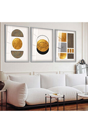 Gümüş Metal Çerçeveli Soyut Desen Üçlü Kırılmaz Cam Tablo Seti
