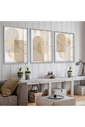Gümüş Metal Çerçeveli Soyut Desen Şekiller Üçlü Kırılmaz Cam Tablo Seti
