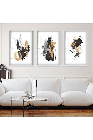 Gold Metal Çerçeveli Soyut Desen Şekiller Üçlü Kırılmaz Cam Tablo Seti