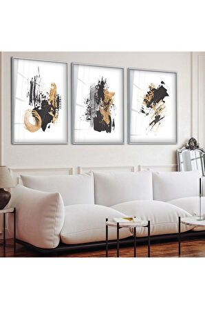Gold Metal Çerçeveli Soyut Desen Şekiller Üçlü Kırılmaz Cam Tablo Seti