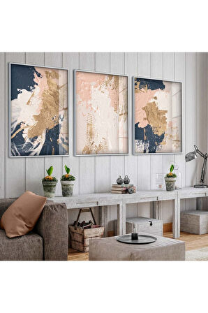 Gümüş Metal Çerçeveli Soyut Desen Şekiller Üçlü Kırılmaz Cam Tablo Seti