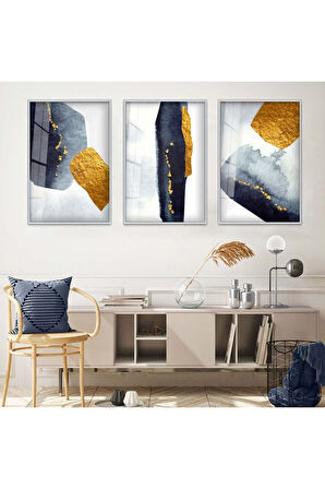 Siyah Metal Çerçeveli Soyut Desen Üçlü Kırılmaz Cam Tablo Seti