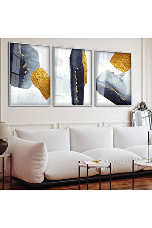 Siyah Metal Çerçeveli Soyut Desen Üçlü Kırılmaz Cam Tablo Seti