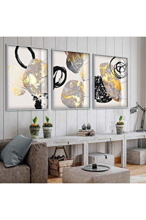 Gold Metal Çerçeveli Soyut Desen Üçlü Kırılmaz Cam Tablo Seti