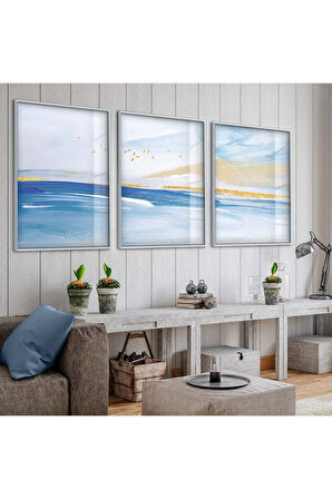 Gümüş Metal Çerçeveli Deniz Soyut Desen Üçlü Kırılmaz Cam Tablo Seti
