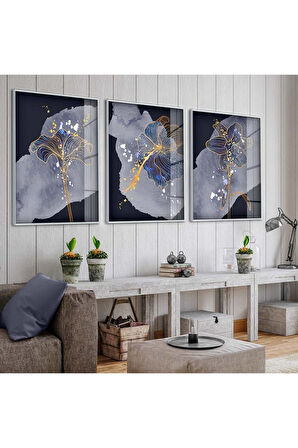 Siyah Metal Çerçeveli Mor Bitki Soyut Desen Üçlü Kırılmaz Cam Tablo Seti